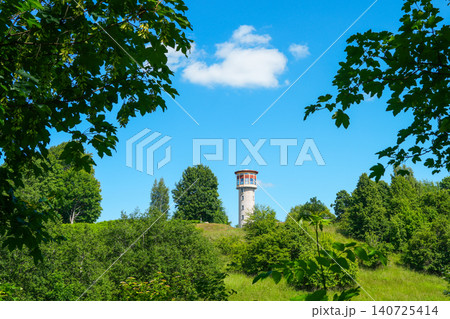 Observation Tower Installed in Historic Water Tower Above Green Landscape in Aizpute Latvia View Observation Tower Installed in Historic Water Tower Above Green Landscape in Aizpute Latvia View 140725414