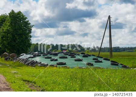 Silage Clamp Covered with Protective Sheeting and Tires on Livestock Farm in Rural Countryside Silage Clamp Covered with Protective Sheeting and Tires on Livestock Farm in Rural Countryside 140725435