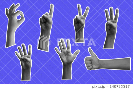 Hands counting on fingers. Grunge, halftone. set of different hands. Vector collage art Hands counting on fingers. Grunge, halftone. set of different hands. Vector collage art 140725517