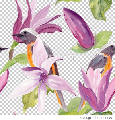 Seamless watercolor pattern with pink magnolia flowers, buds, leaves and Daurian redstart birds. Hand painted floral design for fabric, wallpaper, wrapping paper, stationery, textile and home decor Seamless watercolor pattern with pink magnolia flowers, buds, leaves and Daurian redstart birds. Hand painted floral design for fabric, wallpaper, wrapping paper, stationery, textile and home decor 140725559