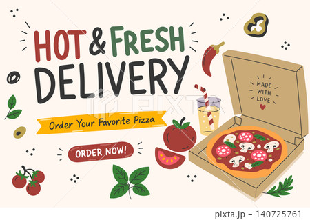Pizza Delivery Promotion Template with Open Box Drink and Fresh Italian Ingredients Flat Style Pizza Delivery Promotion Template with Open Box Drink and Fresh Italian Ingredients Flat Style 140725761
