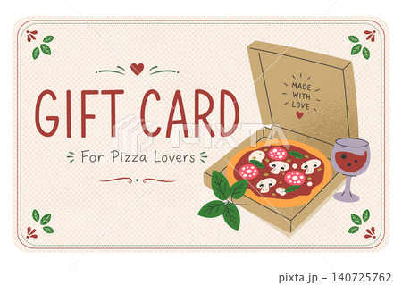 Pizza Gift Card Design with Open Box Wine Glass and Basil Leaves Flat Style Pizza Gift Card Design with Open Box Wine Glass and Basil Leaves Flat Style 140725762