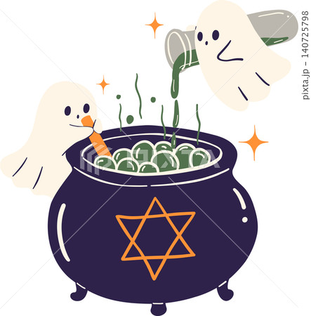 Sassy Halloween Preppy Fairy Ghosts Mixing Magic Potion in Wizard Cauldron in Coquette style Cute Spooky Clipart 140725798