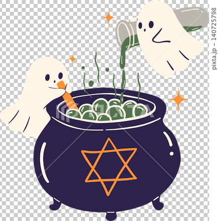 Sassy Halloween Preppy Fairy Ghosts Mixing Magic Potion in Wizard Cauldron in Coquette style Cute Spooky Clipart 140725798
