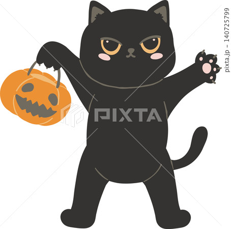 Sassy Halloween Preppy Black Cat Holding Pumpkin Basket in Coquette style Cute Spooky Clipart 140725799