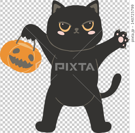 Sassy Halloween Preppy Black Cat Holding Pumpkin Basket in Coquette style Cute Spooky Clipart 140725799