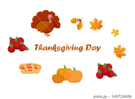 Happy Thanksgiving. Turkey, pumpkin, tree leaves, pie, cranberries. Vector 140726006