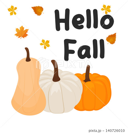 ripe pumpkins, autumn harvest, the phrase Hello FALL. Seasonal greetings. Autumn mood. Vector 140726010