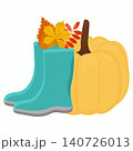 Cute autumn postcard. orange ripe pumpkin, rubber boots, autumn leaves. vector . harvest day, halloween 140726013