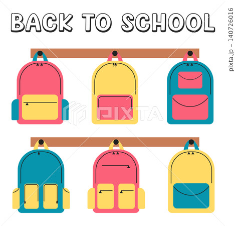 A set of school backpacks. Flat vector illustration. The concept of back to school, education, school day off, first grade A set of school backpacks. Flat vector illustration. The concept of back to school, education, school day off, first grade 140726016