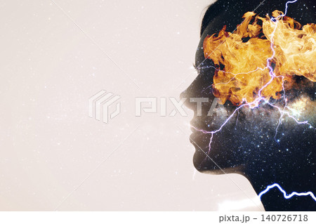 Woman Psychology and Healthy Nerves Mindset. Anger Management Anxiety Concept. Flame and lightning in a female head silhouette 140726718