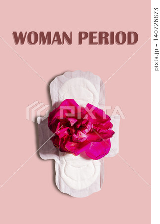 Menstrual pad with rose flower on pink background. Menstruation cycle period, woman hygiene and comfort concept Menstrual pad with rose flower on pink background. Menstruation cycle period, woman hygiene and comfort concept 140726873