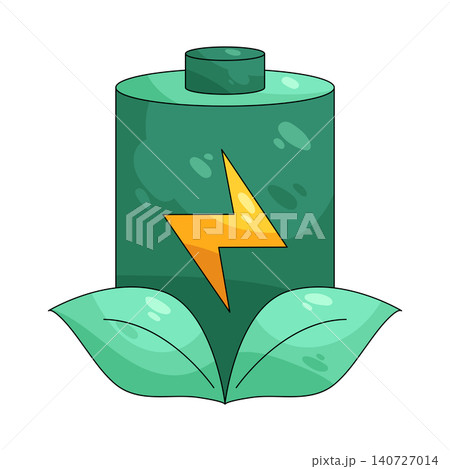 Illustration of Green battery with lightning bolt and leaves Illustration of Green battery with lightning bolt and leaves 140727014