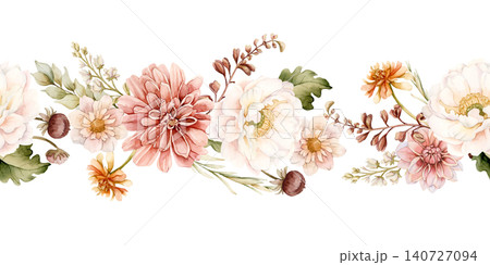 Autumn flower Seamless Border Fall plant Dahlia Chrysanthemum Zinnia. Watercolor hand drawn floral illustration isolated on white background wedding home textile cosmetic package porcelain crockery Autumn flower Seamless Border Fall plant Dahlia Chrysanthemum Zinnia. Watercolor hand drawn floral illustration isolated on white background wedding home textile cosmetic package porcelain crockery 140727094