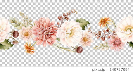 Autumn flower Seamless Border Fall plant Dahlia Chrysanthemum Zinnia. Watercolor hand drawn floral illustration isolated on white background wedding home textile cosmetic package porcelain crockery Autumn flower Seamless Border Fall plant Dahlia Chrysanthemum Zinnia. Watercolor hand drawn floral illustration isolated on white background wedding home textile cosmetic package porcelain crockery 140727094