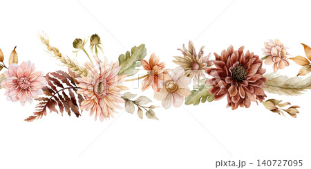 Autumn flower Seamless Border Fall plants Dahlia Chrysanthemum Gerbera. Watercolor hand drawn floral illustration isolated on white background wedding home textile cosmetic package porcelain crockery 140727095