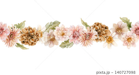 Autumn flower Seamless Border Dahlia Chrysanthemum Aster. Watercolor hand drawn floral illustration isolated on white background wedding design home textile print cosmetic package porcelain crockery 140727098