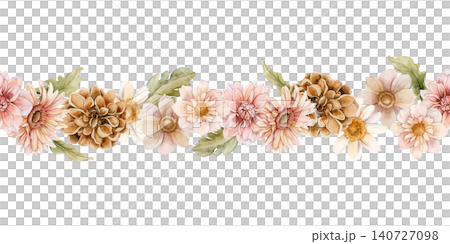 Autumn flower Seamless Border Dahlia Chrysanthemum Aster. Watercolor hand drawn floral illustration isolated on white background wedding design home textile print cosmetic package porcelain crockery 140727098
