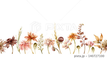 Autumn flower Seamless Border Dahlia Chrysanthemum Aster Echinacea wildflowers. Watercolor hand drawn floral illustration isolated on white background for wedding design home textile cosmetic package Autumn flower Seamless Border Dahlia Chrysanthemum Aster Echinacea wildflowers. Watercolor hand drawn floral illustration isolated on white background for wedding design home textile cosmetic package 140727100