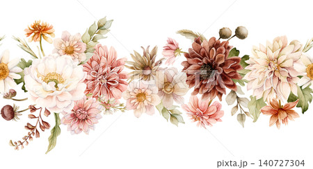 Autumn flower Seamless Border Dahlia Chrysanthemum Astra. Watercolor hand drawn floral illustration isolated on white background fall design wedding home textile cosmetic package crockery Autumn flower Seamless Border Dahlia Chrysanthemum Astra. Watercolor hand drawn floral illustration isolated on white background fall design wedding home textile cosmetic package crockery 140727304