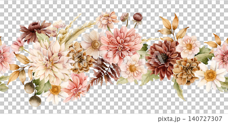 Autumn flower Seamless Border Dahlia Chrysanthemum Astra. Watercolor hand drawn floral illustration isolated on white background fall design wedding home textile cosmetic package crockery Autumn flower Seamless Border Dahlia Chrysanthemum Astra. Watercolor hand drawn floral illustration isolated on white background fall design wedding home textile cosmetic package crockery 140727307