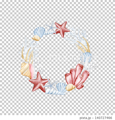 Watercolor nautical round wreath with starfish, seashells and coral isolated. Hand drawn marine sticker template with copy space for summer party invitations, beach wedding decor and greeting cards. Watercolor nautical round wreath with starfish, seashells and coral isolated. Hand drawn marine sticker template with copy space for summer party invitations, beach wedding decor and greeting cards. 140727466