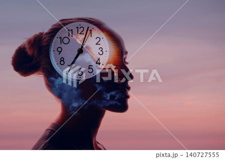 Inner internal clock and human biorhythms concept. Day and night sleep and wake. Clock inside woman head. Mental health. Inner internal clock and human biorhythms concept. Day and night sleep and wake. Clock inside woman head. Mental health. 140727555