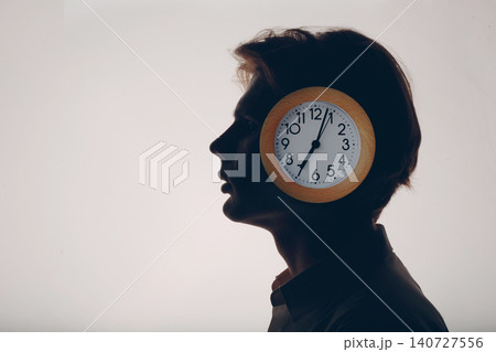 Circadian rhythm inner clock and human biorhythms concept. Day and night sleep and wake. Clock in male head. Mental health and insomnia. 140727556
