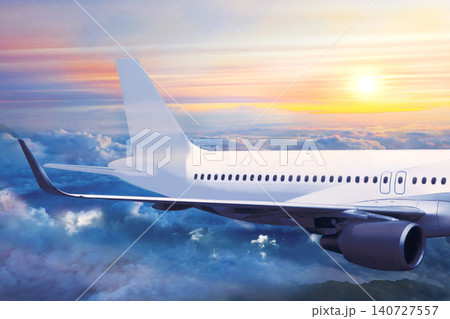 Passenger plane flight above clouds. Airplane wing side view with empty space mockup. Passenger plane flight above clouds. Airplane wing side view with empty space mockup. 140727557