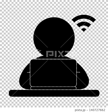 A simple pictogram of a person working on a computer via Wi-Fi. A simple pictogram of a person working on a computer via Wi-Fi. 140727662