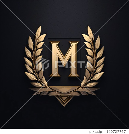Golden laurel wreath with letter M on black background. Vector illustration 140727767