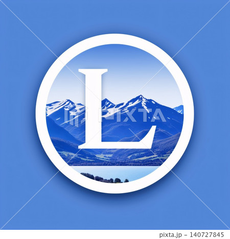letter L in the circle on blue background with snow mountain and lake 140727845