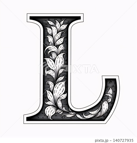 Vintage capital letter L with floral ornament. Black and white capital letter. 140727935