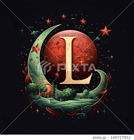 Zodiac sign of libra with crescent moon and stars. letter L Zodiac sign of libra with crescent moon and stars. letter L 140727952