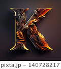 K letter with gold leaves. 3d render on black background. 140728217