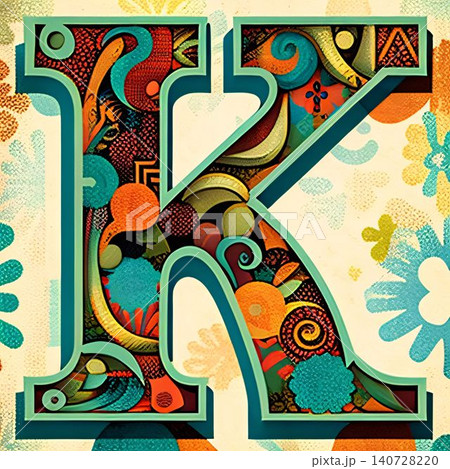 Colorful hand drawn capital letter K with doodle floral elements. Colorful hand drawn capital letter K with doodle floral elements. 140728220