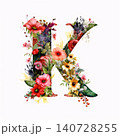 Watercolor letter K with flowers and leaves, isolated on white background 140728255