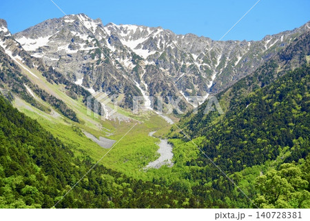 清流が流れる上高地の美しい山々の風景 清流が流れる上高地の美しい山々の風景 140728381