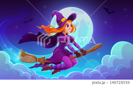 Cartoon funny Halloween witch character flying on broomstick in night sky with full moon background. Halloween horror holiday and trick or treat party banner with cute witch on broom with bats Cartoon funny Halloween witch character flying on broomstick in night sky with full moon background. Halloween horror holiday and trick or treat party banner with cute witch on broom with bats 140728550