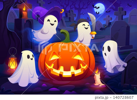 Cartoon scary Halloween white ghosts with witch hat and pirate sword floating around a glowing jack o lantern pumpkin on abandoned graveyard cemetery. Halloween holiday vector banner with funny ghosts 140728607