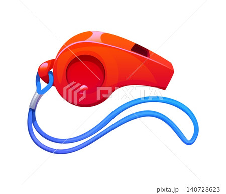 Sport whistle of American football game equipment or referee signal cartoon icon. American football red whistle of referee or game coach in European football or soccer sport game accessory item 140728623