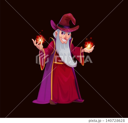 Halloween wizard sorcerer or evil mage character for scary funny game cartoon vector personage. Spooky wizard witch sorcerer with magic energy spell for Halloween horror game villain character Halloween wizard sorcerer or evil mage character for scary funny game cartoon vector personage. Spooky wizard witch sorcerer with magic energy spell for Halloween horror game villain character 140728628
