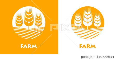 Wheat farm field icon with cereal grains ears or rice, oat and barley spikelets symbol. Wheat ripe on field icon for agriculture product or bread bakery emblem and flour or organic cereal oatmeal food Wheat farm field icon with cereal grains ears or rice, oat and barley spikelets symbol. Wheat ripe on field icon for agriculture product or bread bakery emblem and flour or organic cereal oatmeal food 140728634