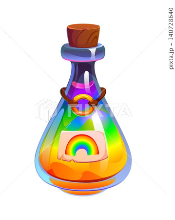 Cartoon magic potion bottle with glowing rainbow liquid and wooden cork, vector vial. Witch magic potion bottle with iridescent elixir drink for witchcraft fairy tale alchemy or Halloween holiday Cartoon magic potion bottle with glowing rainbow liquid and wooden cork, vector vial. Witch magic potion bottle with iridescent elixir drink for witchcraft fairy tale alchemy or Halloween holiday 140728640