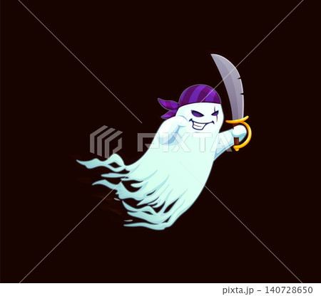 Halloween ghost scary funny character for horror night holiday, cartoon vector game personage. Spooky ghost in pirate bandana with corsair sword for trick or treat Halloween party creepy character Halloween ghost scary funny character for horror night holiday, cartoon vector game personage. Spooky ghost in pirate bandana with corsair sword for trick or treat Halloween party creepy character 140728650