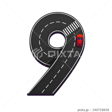 Road font number 9 of asphalt street turn with car on highway traffic for alphabet typeface. Cartoon type road font of number 9 nine with car drive on racing track route for road travel typography Road font number 9 of asphalt street turn with car on highway traffic for alphabet typeface. Cartoon type road font of number 9 nine with car drive on racing track route for road travel typography 140728656