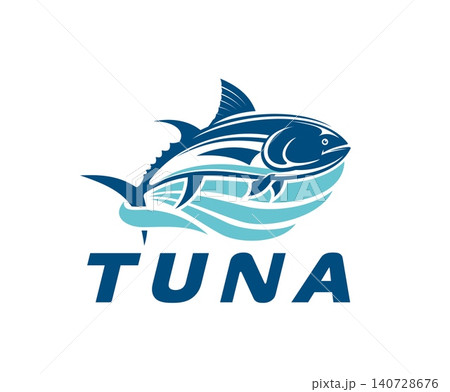 Tuna fish icon for fishing sport of yellowfin or bluefin tuna jumping on water waves. Tuna icon for fishery market or seafood store and sea food product package, sushi bar and fish cuisine restaurant Tuna fish icon for fishing sport of yellowfin or bluefin tuna jumping on water waves. Tuna icon for fishery market or seafood store and sea food product package, sushi bar and fish cuisine restaurant 140728676