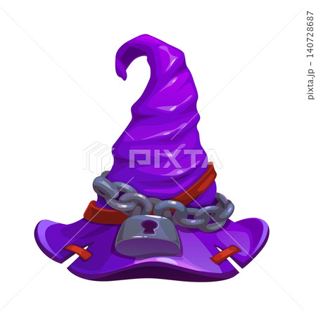 Cartoon Halloween witch hat or wizard cone cap for horror night holiday, vector costume. Witch hat of wizard cap of magician or sorcerer with metal chain and keylock buckle for Halloween decoration Cartoon Halloween witch hat or wizard cone cap for horror night holiday, vector costume. Witch hat of wizard cap of magician or sorcerer with metal chain and keylock buckle for Halloween decoration 140728687
