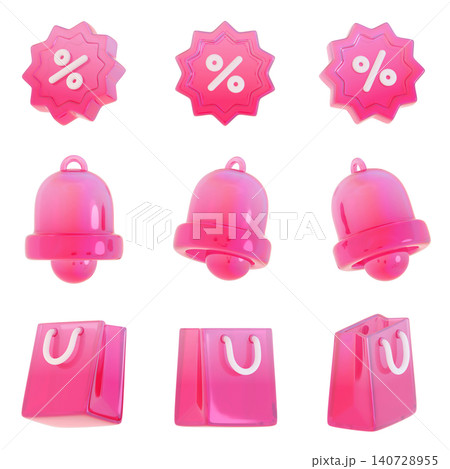 3D Pink Shopping Icon Set with Discount Badge Alarm Bell and Gift Bag for Marketing Banner 3D Pink Shopping Icon Set with Discount Badge Alarm Bell and Gift Bag for Marketing Banner 140728955