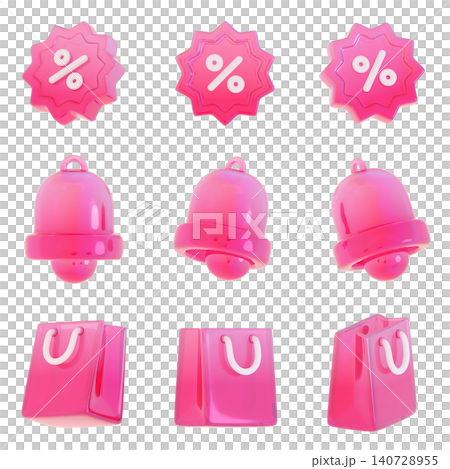 3D Pink Shopping Icon Set with Discount Badge Alarm Bell and Gift Bag for Marketing Banner 3D Pink Shopping Icon Set with Discount Badge Alarm Bell and Gift Bag for Marketing Banner 140728955